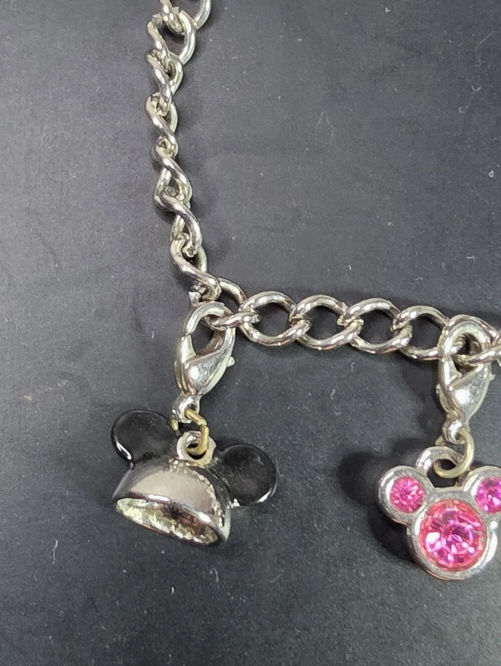 Kids Disney Silver Charm Bracelet with Pink and Black Mickey Charms